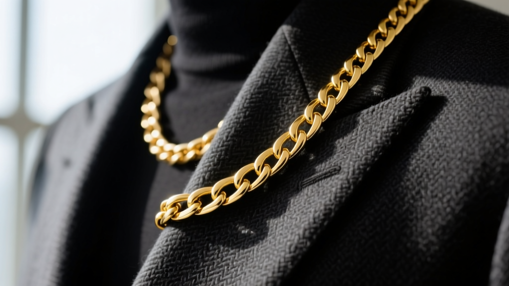 Macro shot of an 18k yellow gold Cuban link chain resting on a dark charcoal wool suit lapel, highlighting precise link milling
