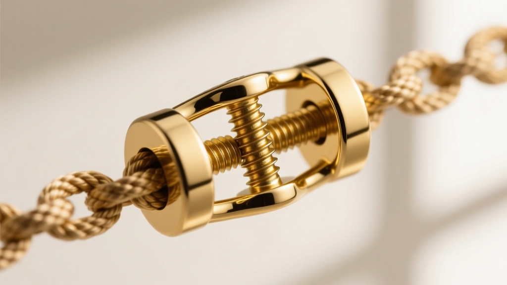 Macro shot of a gold barrel clasp on a 5mm rope chain, highlighting the threaded screw mechanism in sharp focus.