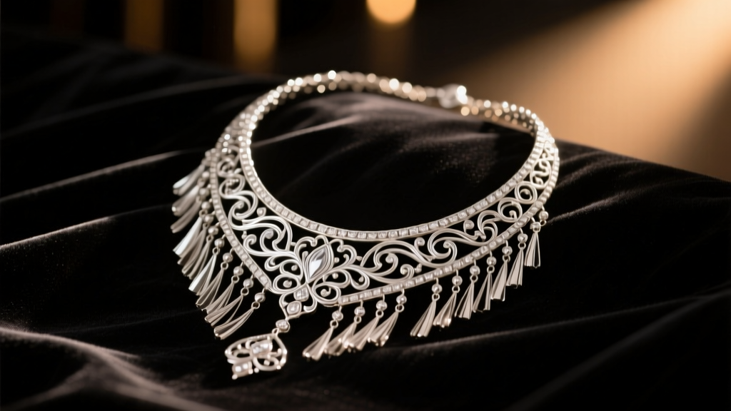 Ornate sterling silver showgirl necklace with fringe and filigree resting on black velvet under warm, dramatic stage lighting