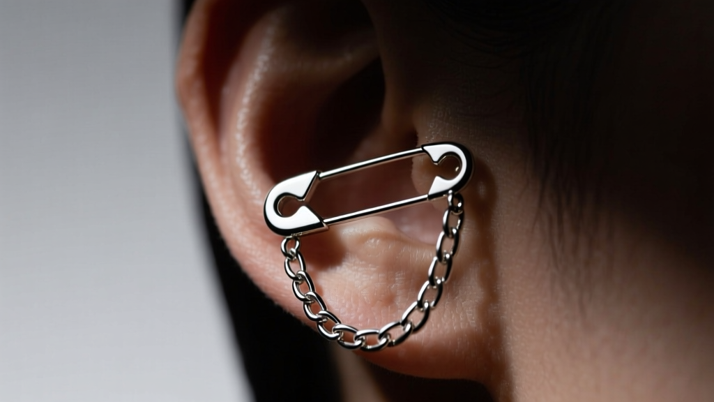 Close-up of a 20-gauge silver chain earring with a safety pin charm on a lobe, illuminated by moody, directional studio lighting.
