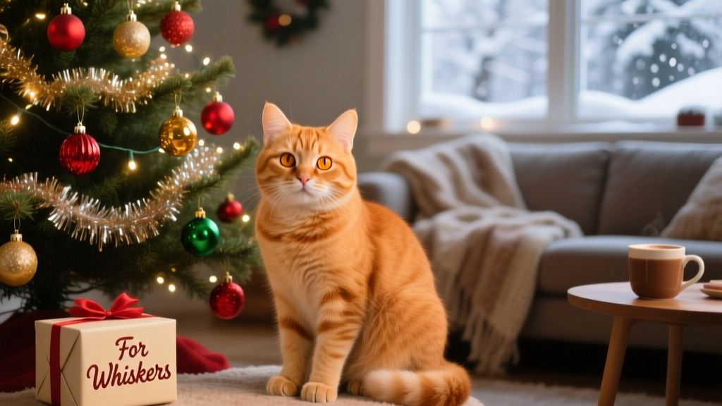 A ginger cat sitting beside a decorated Christmas tree with tinsel and small ornaments