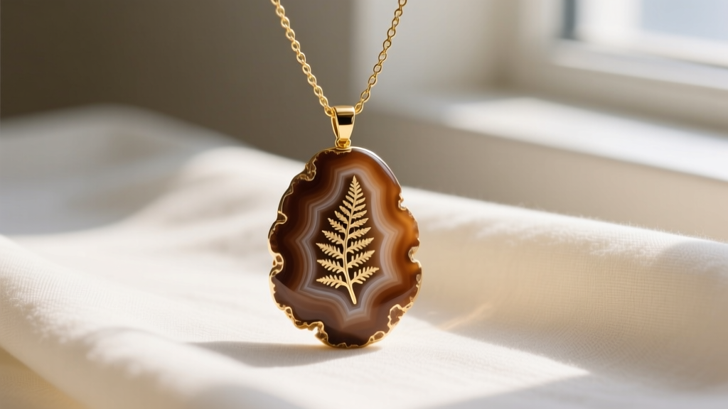 Polished brown dendritic agate pendant on a 14k gold chain resting on cream linen, illuminated by soft natural window lighting