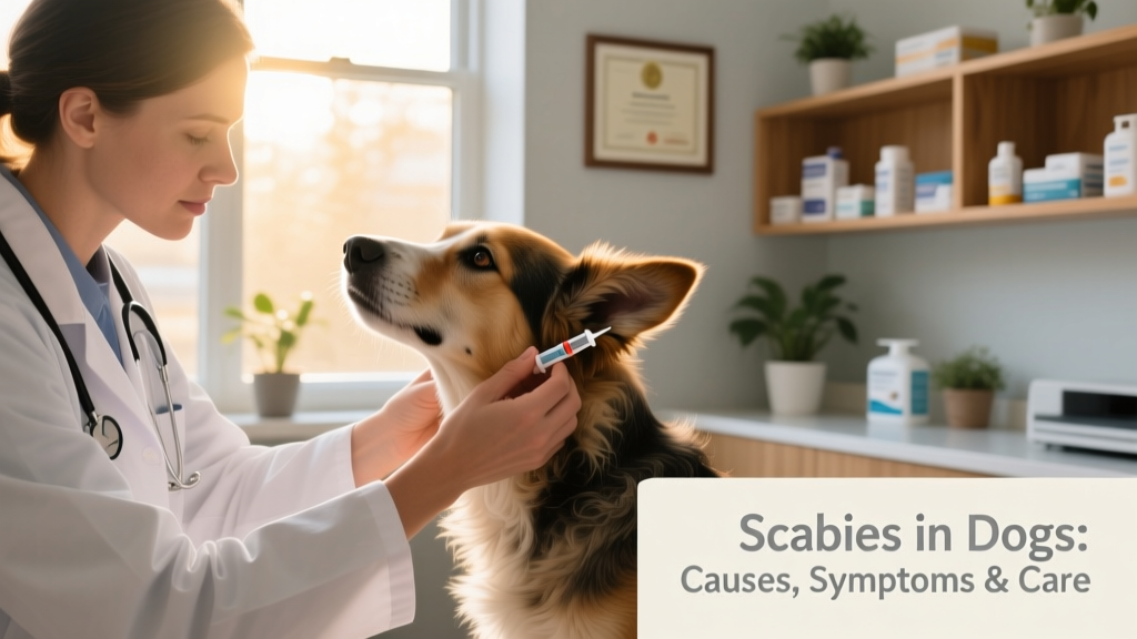 Veterinarian applying topical medication to a dog's ear during a scabies treatment visit