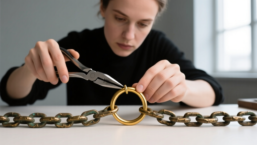 Jeweler using precision pliers to secure a 16-gauge soldered gold jump ring onto a thick museum-replica bronze chain