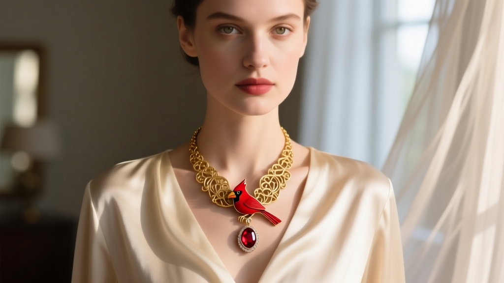 Close-up of a woman wearing a gold red cardinal pendant necklace over a cream silk blouse, soft natural window lighting, elegant.