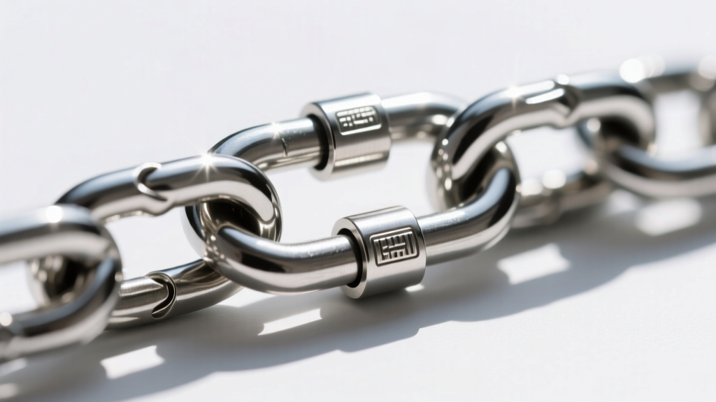 Macro shot of a steel box chain clasp showing a secure locking lobster mechanism, illuminated by bright, direct outdoor sunlight.