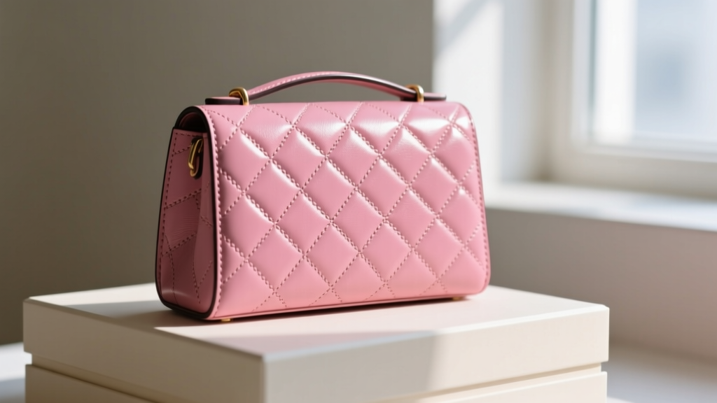 Macro shot of pink saffiano leather showing the distinct cross-hatch stamped pattern and a protective wax surface coating on a box