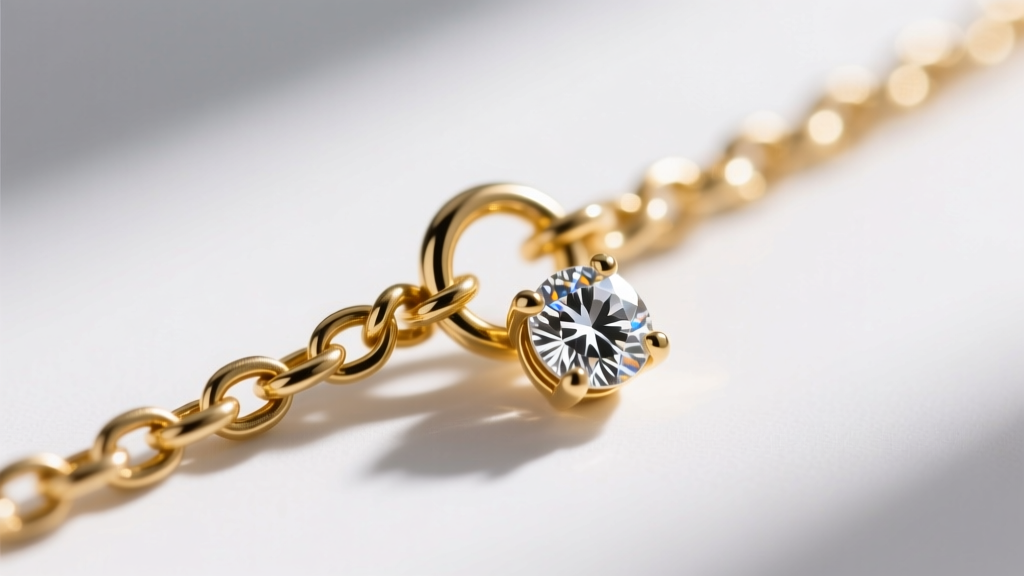 Macro shot of a 1.0mm gold cable chain spring-ring clasp and a 0.15ct prong-set diamond pendant highlighting the micro-jump ring.