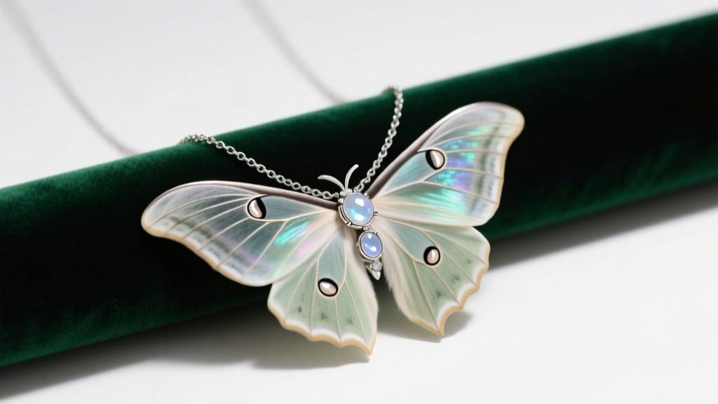 Silver luna moth necklace on emerald velvet, showcasing intricate wing details and moonstone accents under soft lighting.