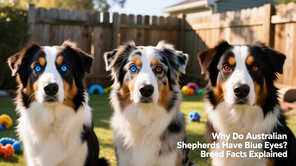 Side-by-side comparison showing three Australian Shepherds: one with two blue eyes, one with heterochromia (blue/brown), and one with two brown eyes