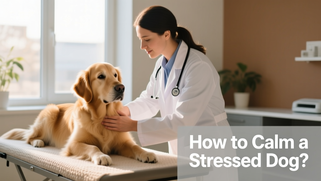 A veterinarian gently examining a calm dog during a wellness checkup