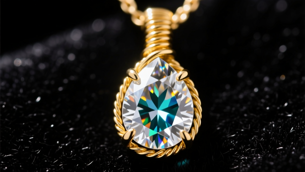 Close-up of a 2-carat teardrop briolette diamond pendant wire-wrapped in 18k yellow gold, catching sunlight against dark velvet
