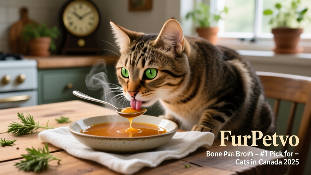 Close-up of a curious tabby cat licking a small spoonful of FurPetVo bone broth from a shallow dish