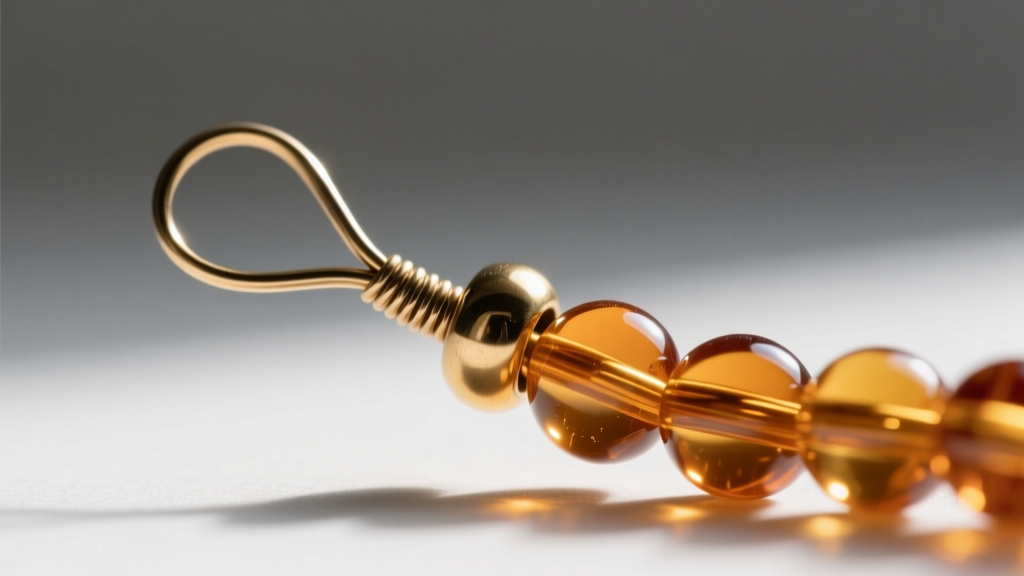 Macro shot of a 20-gauge niobium ear wire attached to a brass crimp bead securing translucent amber Czech glass seed beads