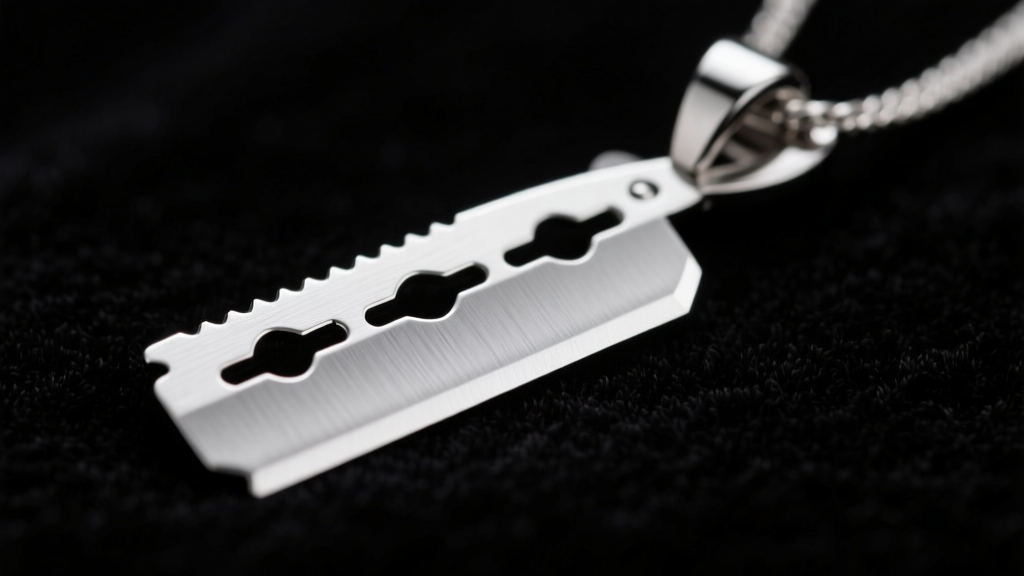 Macro shot of a heavy stainless steel razor blade pendant resting on black velvet, highlighting the brushed metal finish and edge