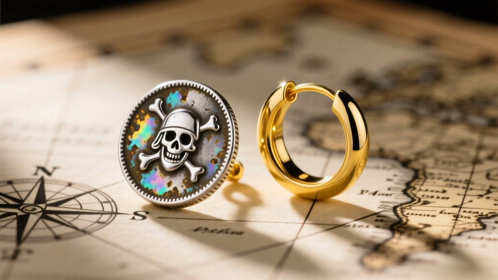 Macro shot of a tarnished silver pirate coin earring next to a pristine solid 14k yellow gold hoop on a vintage nautical map.