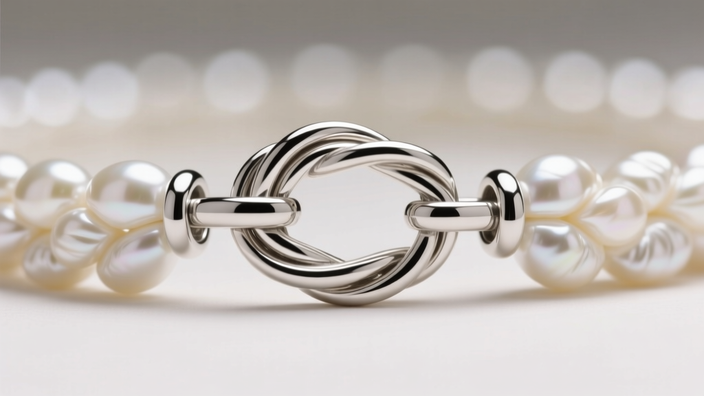 Detailed view of a sterling silver multi-strand magnetic slide clasp attached to the ends of a twisted white pearl torsade.
