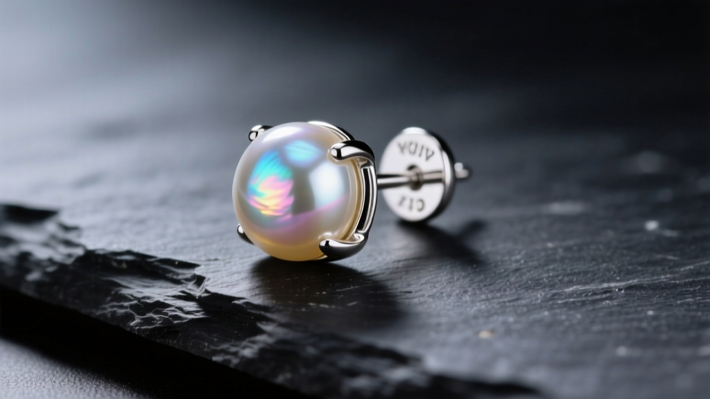 Macro shot of a sterling silver freshwater pearl stud earring on dark slate, highlighting the metal stamp and iridescent nacre.