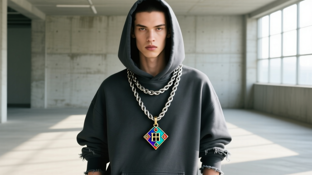 Model wearing a layered setup with a 20-inch steel rope chain and an 18-inch H-pop enamel pendant over a dark grey hoodie.