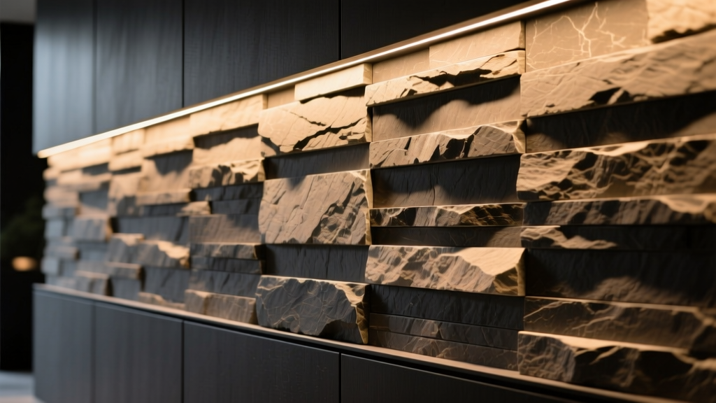 Close-up of varying stone veneer thickness profiles casting dramatic shadow lines on a modern charcoal accent wall under warm LED lighting