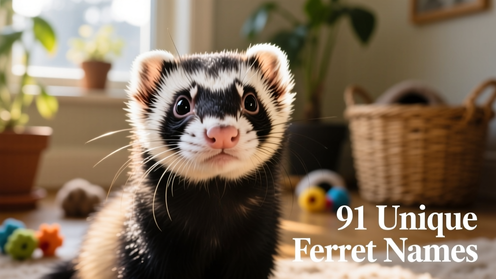 Close-up portrait of a ferret with striking black-and-white markings, highlighting its expressive eyes and curious expression