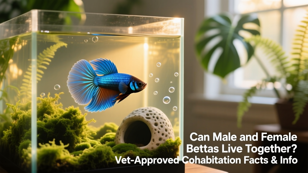 A serene, well-planted 10-gallon betta tank with a single vibrant male betta swimming near floating java moss and a ceramic cave