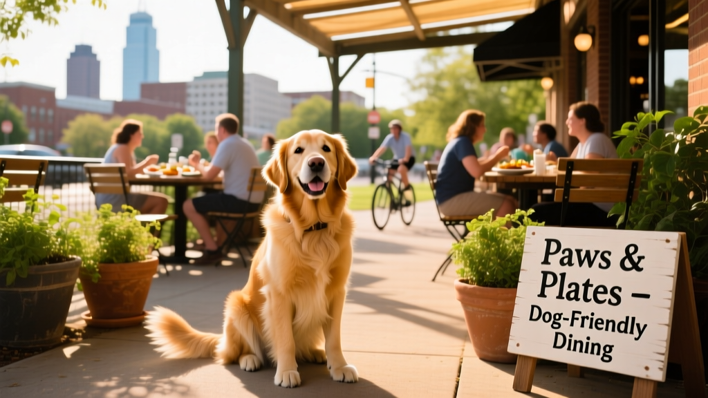 A happy dog sitting on a shaded outdoor patio at a bustling Ann Arbor restaurant
