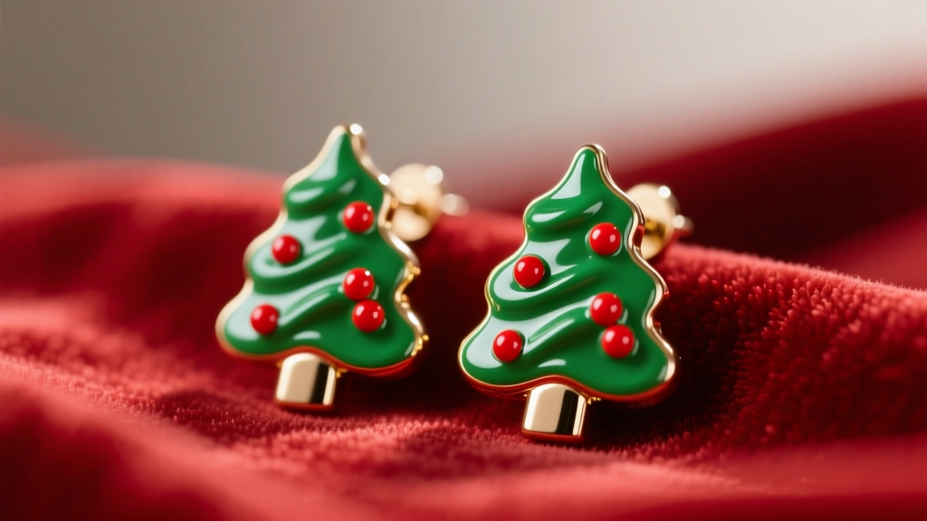 Close-up of enamel Little Debbie Christmas Tree earrings on red velvet, showing green frosting and red sprinkles.