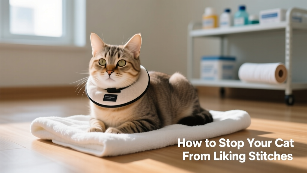 A calm, relaxed cat wearing a soft fabric recovery collar, sitting on a clean towel