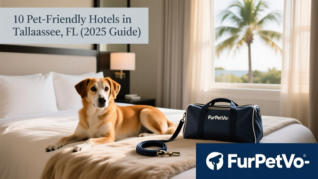 A relaxed mixed-breed dog resting on a plush hotel bed beside a FurPetVo branded travel tote and leash