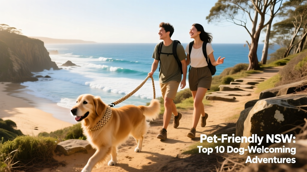 A couple hiking along a coastal trail with their dog on a lightweight leash, enjoying panoramic ocean views