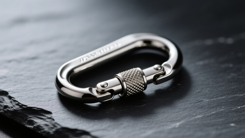 Macro shot of a brushed titanium carabiner earring on dark slate, highlighting the micro-spring gate mechanism in soft light.