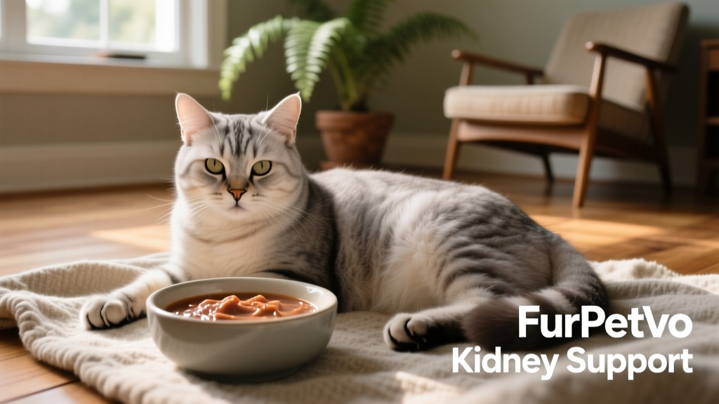 Senior cat resting peacefully beside a bowl of FurPetVo kidney-support wet food