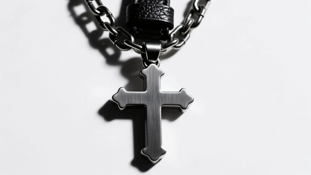 Heavy steel cross pendant on dark leather under dramatic studio lighting, showing brushed metal texture and thick chain links