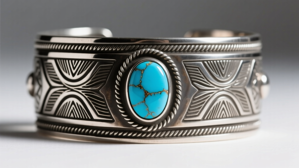 Macro shot of a heavy Navajo silver cuff bracelet, showing deep oxidized stamping and a vibrant blue Kingman turquoise cabochon.