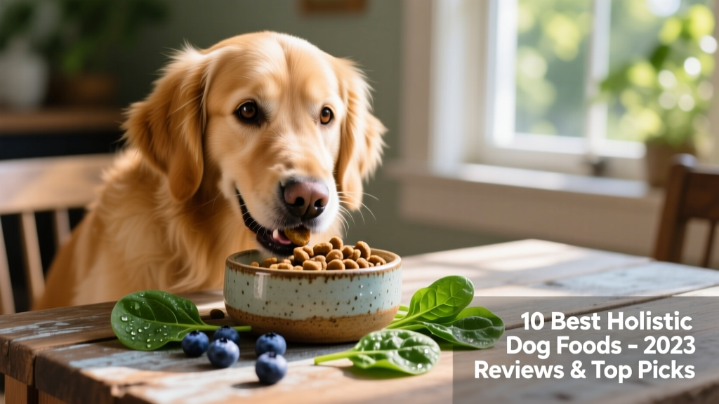 A golden retriever happily eating kibble from a ceramic bowl beside fresh blueberries and spinach leaves