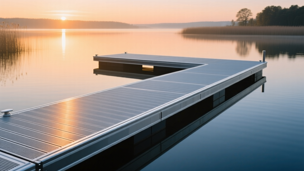 Extruded marine-grade aluminum dock decking boards with integrated anti-slip grit strips extending over a calm freshwater lake at sunrise