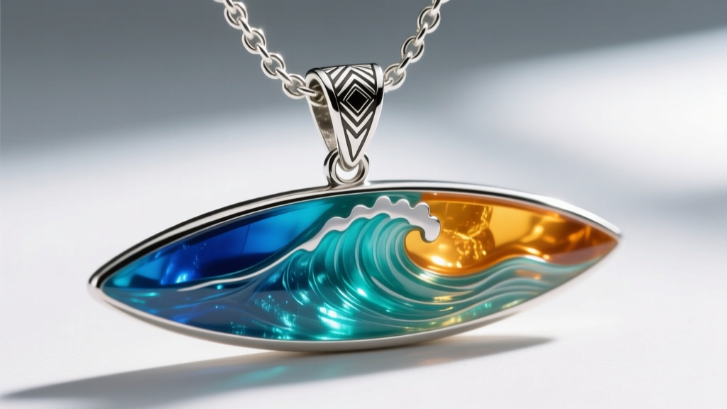 Macro photography of a 925 silver box chain clasp connecting to a cast metal surfboard pendant with hard epoxy resin detailing