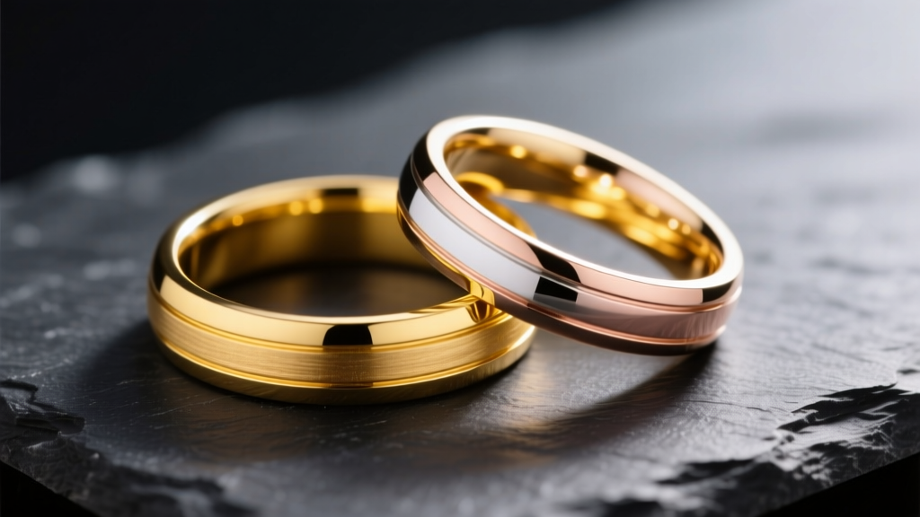 Macro photography of three overlapping gold wedding bands in yellow, white, and rose colors resting on dark slate