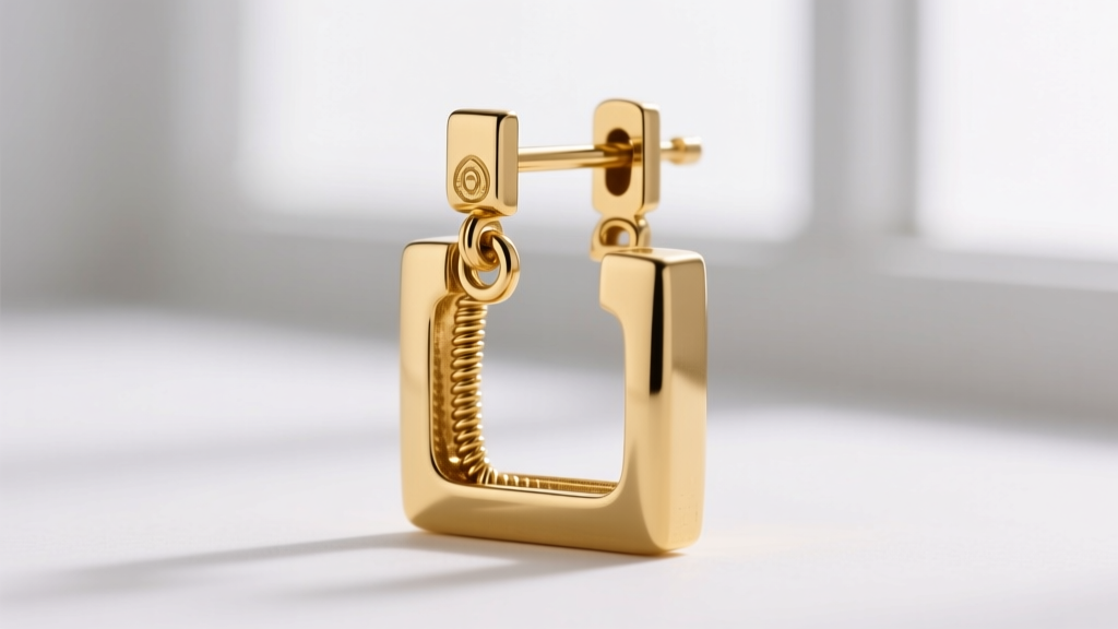 Macro shot of a 14k gold square dangle earring leverback closure, highlighting the snap mechanism and 18-gauge wire.