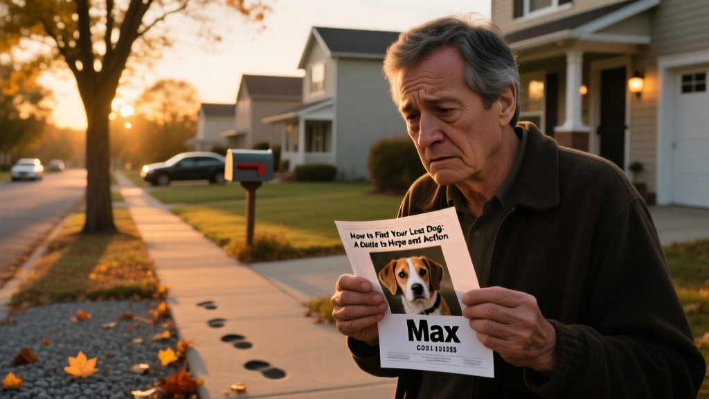 A concerned person searching a quiet suburban street at dusk, holding a printed lost dog flyer