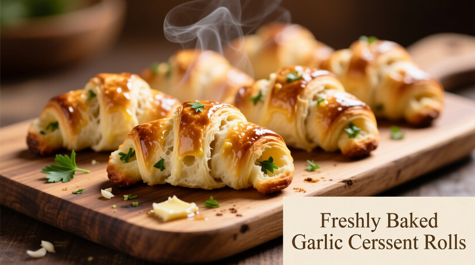 Golden crescent roll garlic bread on wooden board