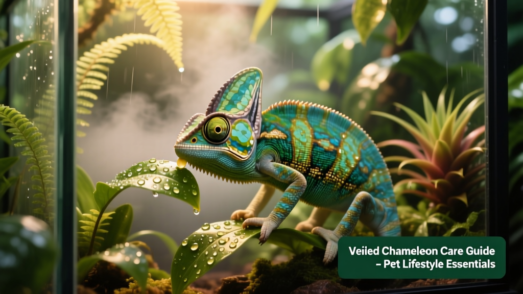 Close-up of a veiled chameleon drinking dew from misted leaves in a lush, vertically oriented terrarium