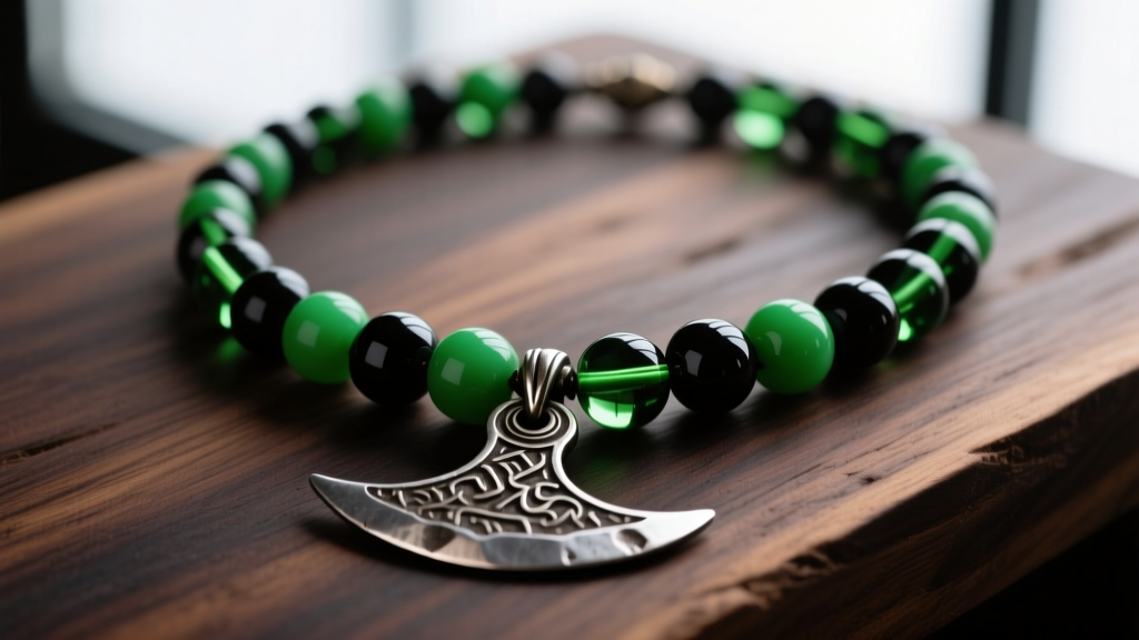 Close-up of an Ogun necklace with alternating green and black glass beads and a small forged iron machete pendant on dark wood.