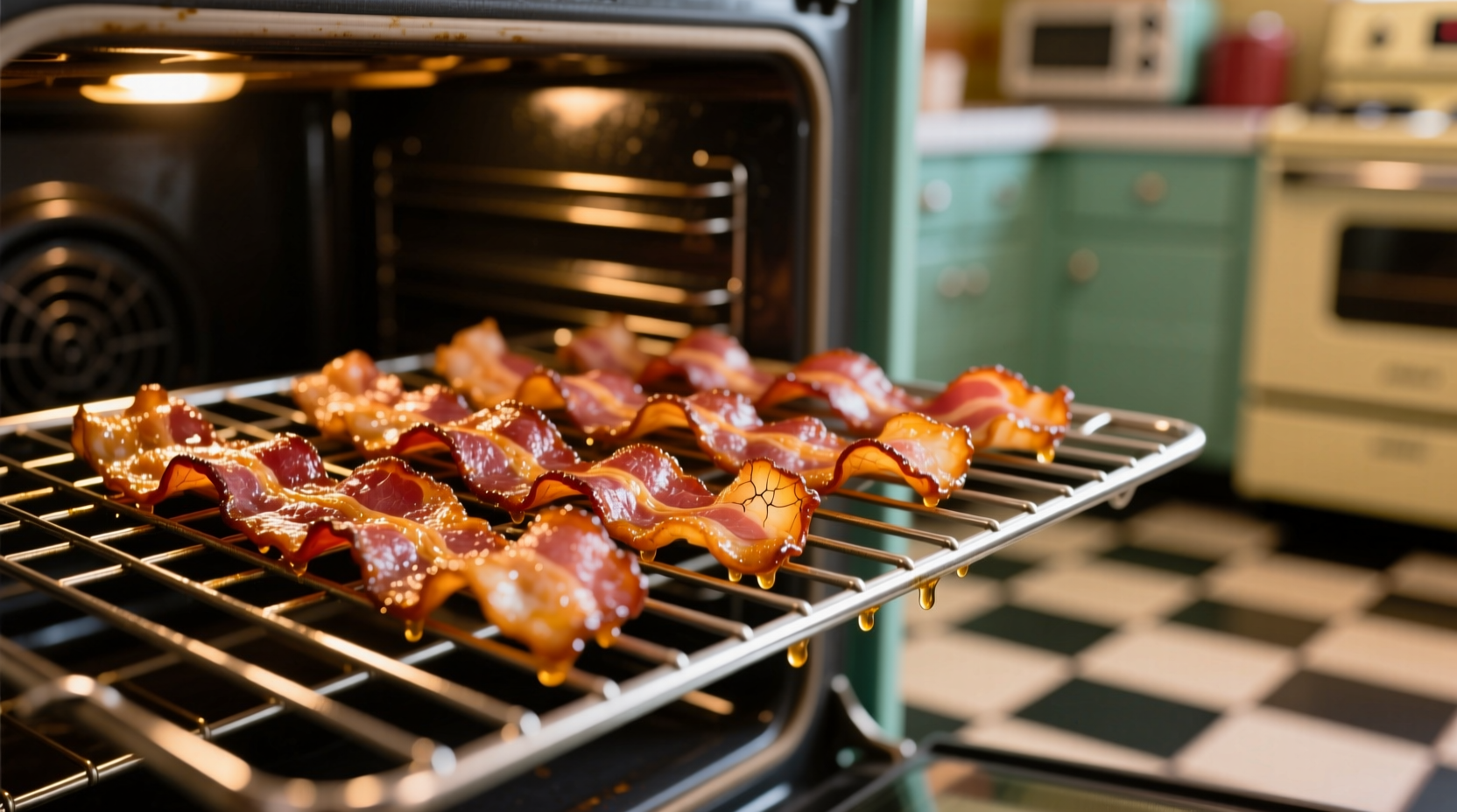 Bacon strips on wire rack in oven