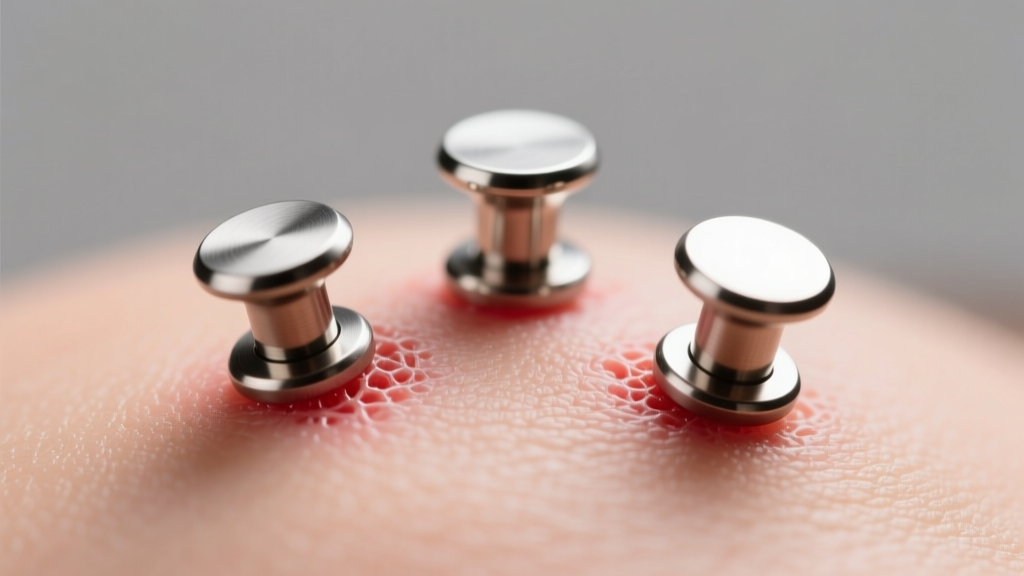 Close-up of a triple lobe setup with three 16-gauge titanium labret studs, flat backs, soft studio lighting, healing redness.