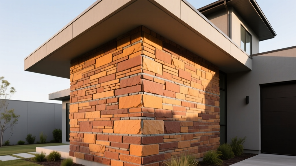 Stacked stone veneer panels in warm earth tones on a modern exterior facade with visible mortar joints and corner pieces