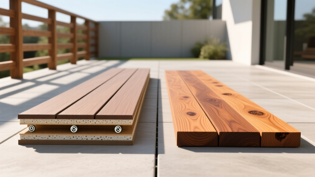 Side-by-side cross-section comparison of capped composite decking and natural ipe hardwood boards on a sunny modern patio