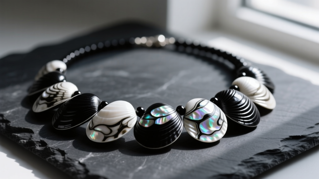 Close-up of a genuine black and white shell necklace on dark slate, highlighting natural contrasting nacre patterns and high luster.