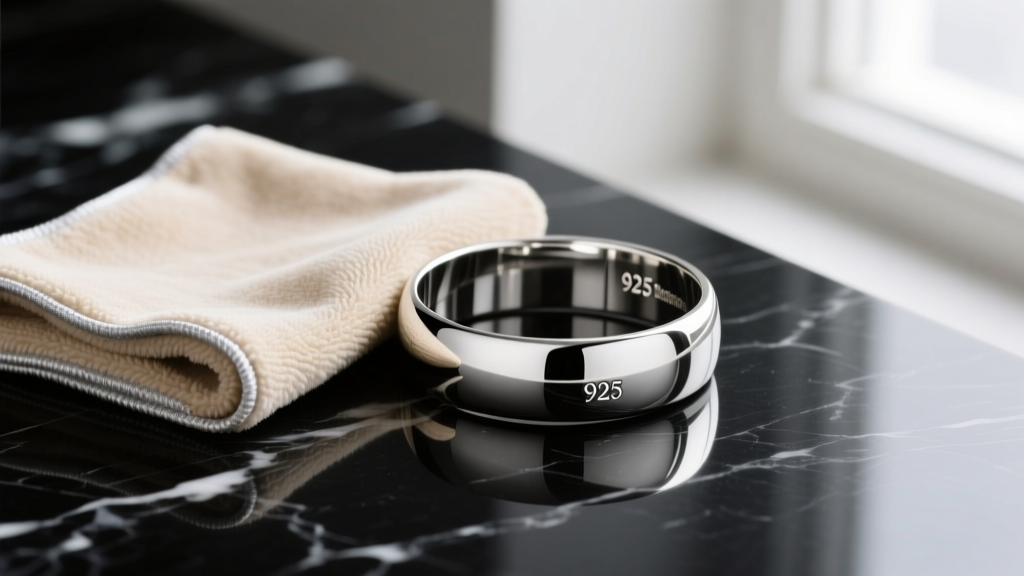 Beige microfiber silver polishing cloth resting beside a polished 925 sterling silver cuff on a dark marble surface.
